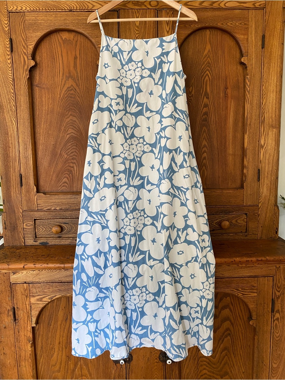 Marimekko x Uniqlo L maxi tent dress spaghetti straps blue white floral cotton